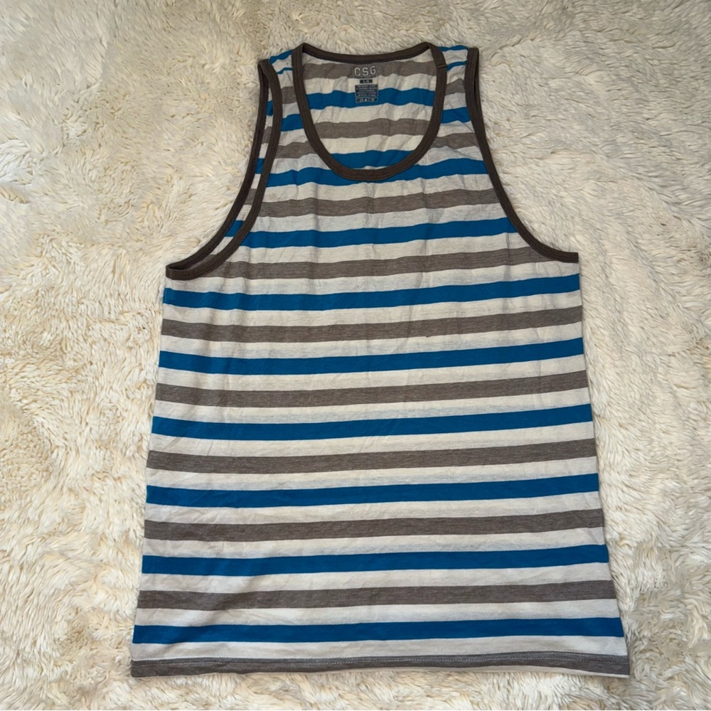 CSG men’s Casual Striped Tank Top Blue/Gray/Brown large